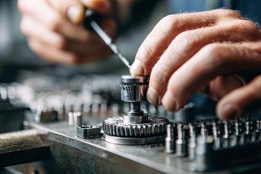 Skilled hands meticulously adjust a small mechanical part with a tool, showcasing intricate engineering and precision assembly in a workshop setting.