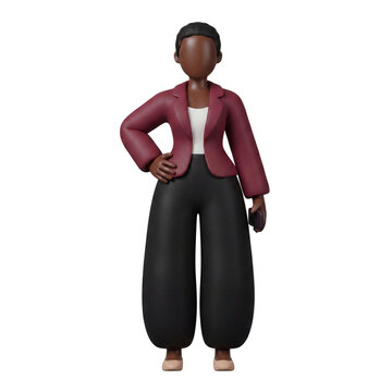 3D Claymorphism Faceless Black Female Small Business Owner Standing Confident Power Pose Holding Smartphone White Background