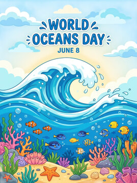 World Oceans Day June 8 cartoon ocean wave with fish and coral reef on transparent background