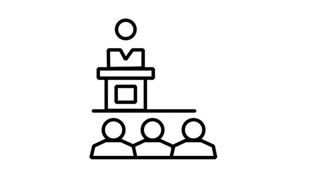 Business Seminar Audience Presentation Animated Icon. Animated line icon showing a presenter at a podium addressing an audience during a corporate business seminar or lecture.