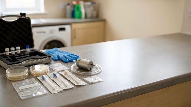 Professional mold testing sample kit arranged for indoor air quality assessment and environmental inspection services