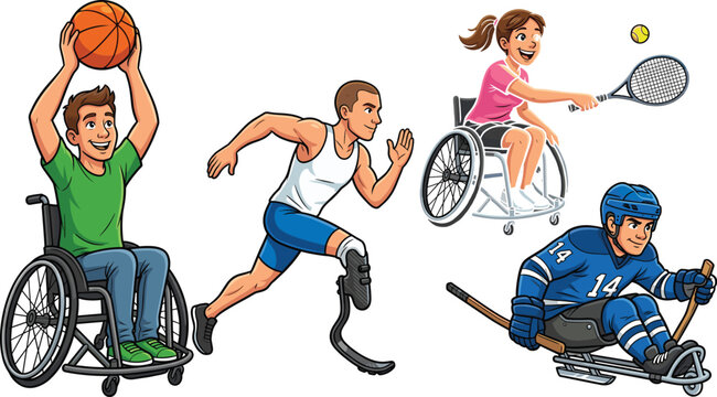 Disabled athletes vector illustration set, adaptive sports and paralympic cartoon character graphic elements