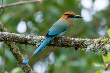 Obraz premium The Blue Tailed Bee Eater Perched on Moss Covered Branch in Lush Forest