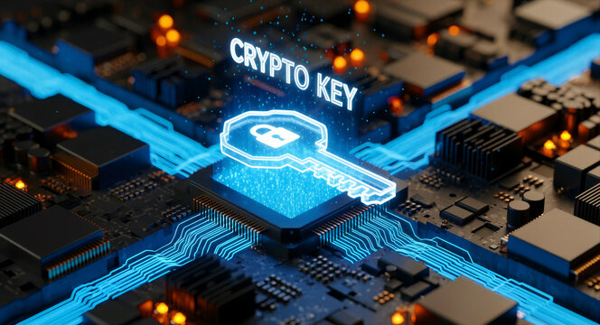 Digital crypto key icon hovering over a CPU on a futuristic motherboard. Blue glowing circuits signify data encryption. Cybersecurity concept ideal for blockchain and fintech marketing.
