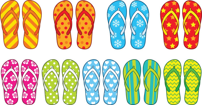 Colorful flip flops set, summer beach slippers with patterns vector illustration graphic elements