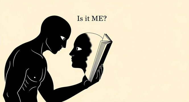Silhouette man looking at a face emerging from an open book. Conceptual art exploring identity and personal discovery through literature. Ideal for psychology, education, and self-help marketing.