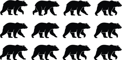 Fototapeta premium Walking bear silhouette set, abstract wild animal vector illustration elements for graphic design