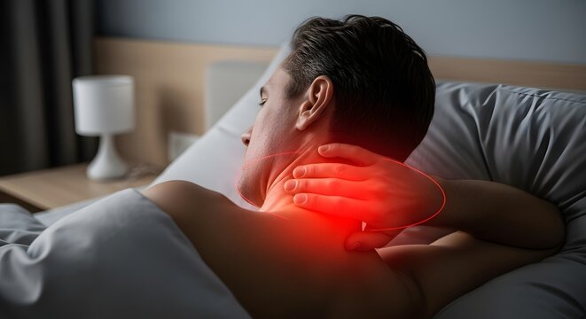 Cervical neck pain and muscle strain. Chiropractic care and spinal inflammation. Person holding neck with glowing red injury area while resting in bed