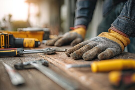 Skilled hands wearing protective gloves working with various tools on a wooden workbench, engaged in a repair or construction project.