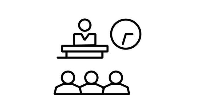 Business Conference Presentation Animated Icon. Animated line icon showing a speaker presenting at a podium to an audience with a clock symbol
