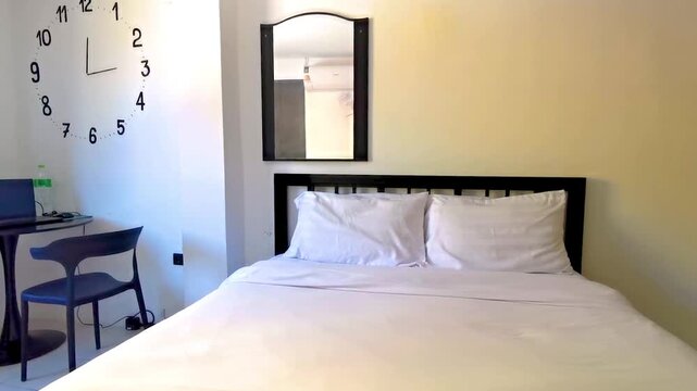 Simple white cheap hotel apartment room bed table chairs Thailand.