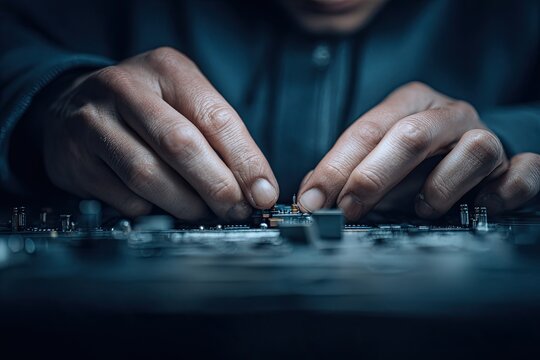Close-up of hands meticulously assembling delicate electronic components on a circuit board, showcasing intricate technology repair and precision engineering.