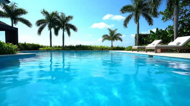 Outdoor pool with palm tree view, resort pool sun lounge
