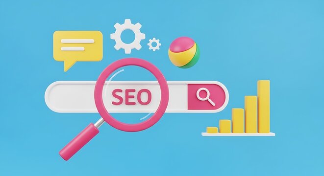 A graphic illustration of SEO optimization tools and icons on a blue background