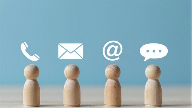 Four wooden figures represent different communication methods: phone, email, address, and chat.