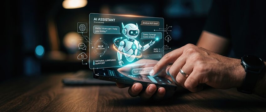 Interactive ai assistant demonstration tech hub digital experience nighttime setting close-up view innovative technology concept for enhanced user engagement