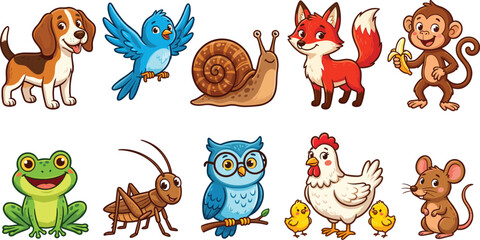 Cute cartoon animals and birds vector illustration set, funny wildlife characters collection on white background © Jarin