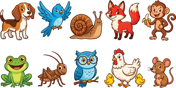 Cute cartoon animals and birds vector illustration set, funny wildlife characters collection on white background