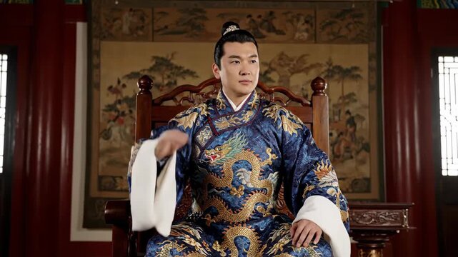 A man in ancient costume sits on a chair, and a man in ancient costume waves in a dragon chair