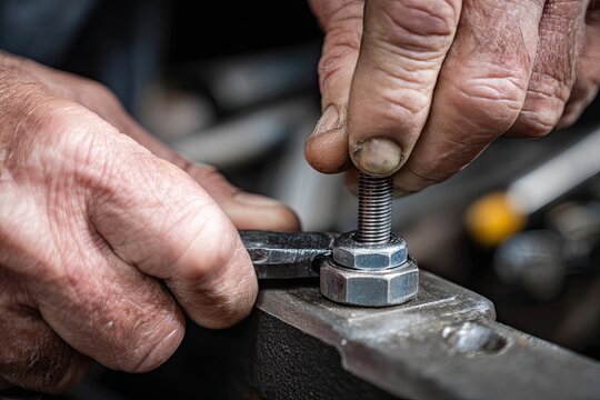 Skilled hands meticulously tightening a metal fastener with a wrench, showcasing precision in mechanical repair work.