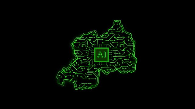 Rwanda Country Map Chipset Technology Opener, Suitable for Tech Events, Science Programs, News and Artificial Intelligence Presentations