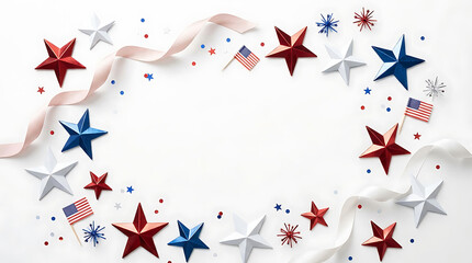 Fototapeta premium Patriotic Holiday Background with Stars & Ribbons - Red, White, Blue Celebration for Marketing & Events