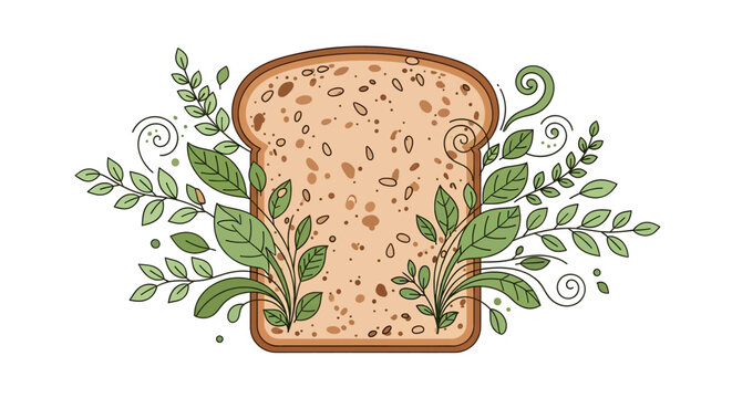 Slice of Whole Wheat Bread with Green Leaves.