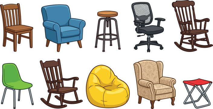 Different types of chairs vector illustration set, office and home furniture collection on white background