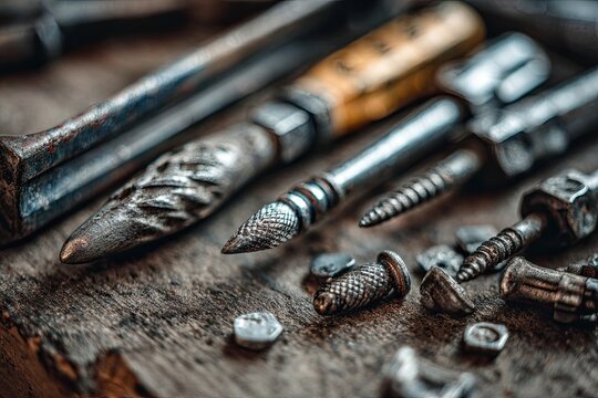 Close-up on vintage repair tools and assorted screws, showcasing intricate metalwork and aged textures on a wooden surface.