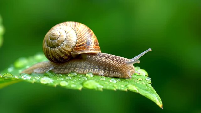 Close-up of a snail crawling on a green leaf, with a snail lying on a dew-covered green leaf