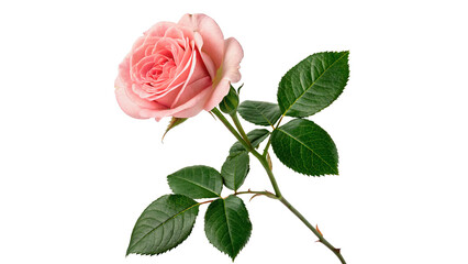 Fototapeta premium Single delicate pink rose flower on green stem with leaves isolated on transparent background cut out