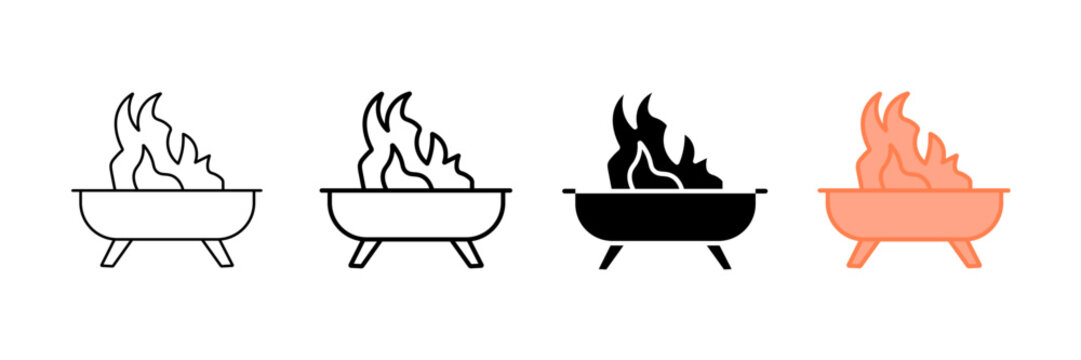 Set of minimalist bonfire icons with transparent background, depicting fire pit symbols for outdoor leisure, camping designs, and summer activities, vector illustration