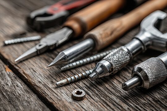 Close-up view of assorted repair tools and screws laid out on a textured wooden surface for a DIY project