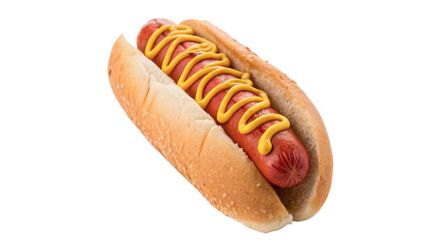 Delicious classic American hot dog with yellow mustard sauce snack isolated on transparent background cut out