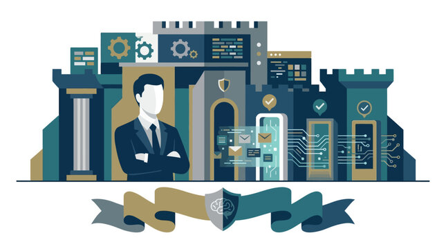 Businessman standing in front of a secure castle with technology