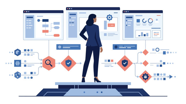 Businesswoman standing in front of large computer screens with flowcharts