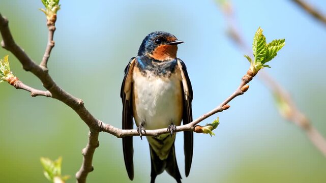 Swallows perched on the branches, spring swallows chirping on the branches