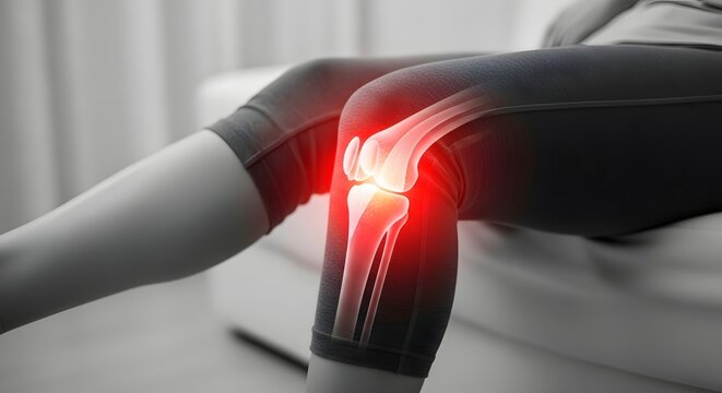 Knee joint pain and leg injury rehabilitation. Orthopedic health and skeletal anatomy. Person resting with a glowing red illustration of a painful knee joint