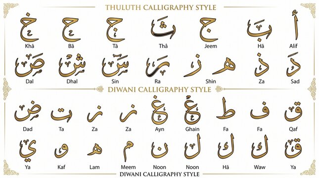 Arabic Alphabet Calligraphy Chart &ndash; Thuluth and Diwani Script Styles