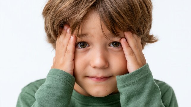 Portrait of a young boy holding his head with hands looking at camera