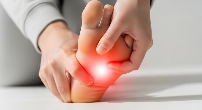 Foot arch pain and plantar fasciitis relief. Physical therapy and foot health. Hands massaging a painful sole with a glowing red focal point
