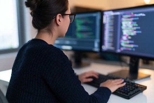 The coder at dual monitor computer workstation coding software projects