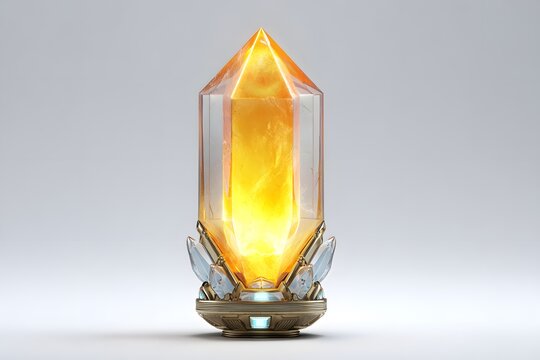 A radiant yellow crystal energy source encased in a detailed crystalline and metallic stand, isolated on a neutral background