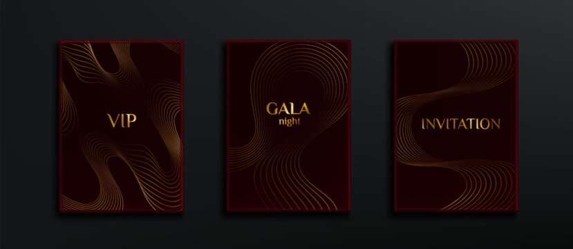 Premium gala magenta background with gold wave lines pattern, cover templates with golden curves. Abstract vector posters for VIP card, wedding invitation design, glamour frames, award border banners