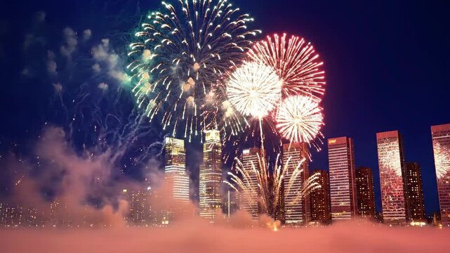 A vibrant cityscape at night with fireworks exploding in the sky