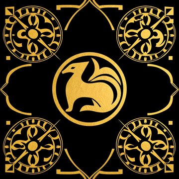 Gold Geometric Bird Symbol, Neo-Hanafuda Abstract Design Asset