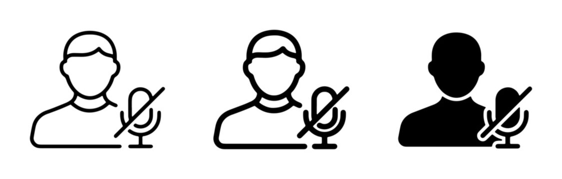 Muted Microphone Icons, Person Silhouette with Crossed-Out Microphone, Audio Off Symbol, Communication Mute Vector Graphics