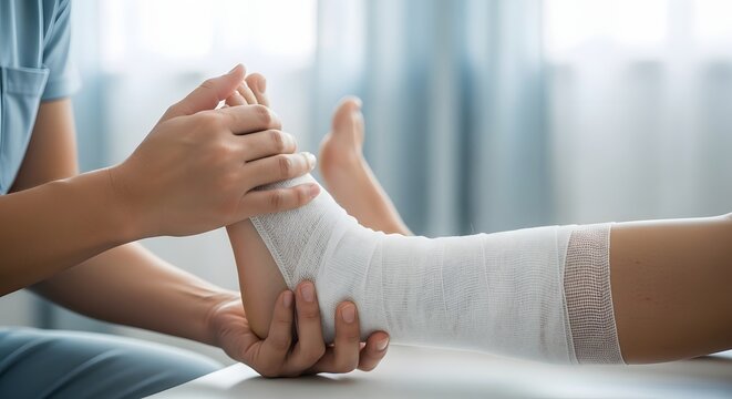 Ankle injury rehabilitation and support. Orthopedic recovery and medical care. Medical professional bandaging a patient's injured ankle with compression wrap