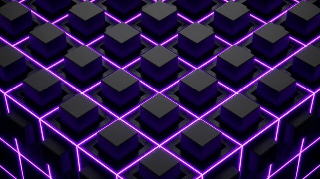 平坦な暗い液体が圧力により紫色の光を放つ四角柱のグリッドへと相転移する現象のCG