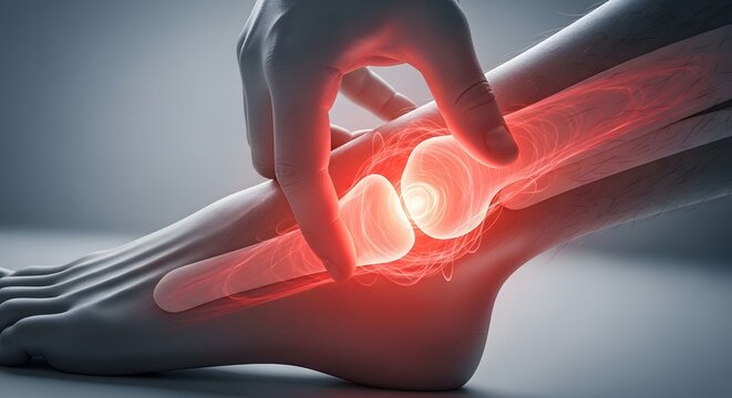 Ankle joint inflammation and arthritis pain. Orthopedic anatomy and medical diagnosis. Close-up of hands examining a digital visualization of an inflamed ankle joint